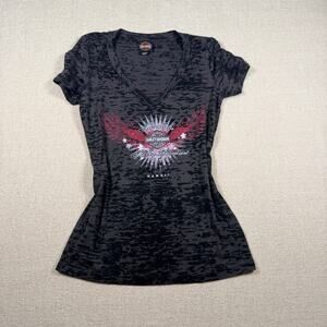 HARLEY DAVIDSON VINTAGE women's HAWAII BLACK SMALL WASHED GRAY V-NECK BIKER